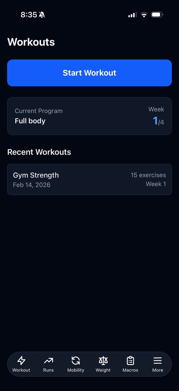 FlexFit home dashboard — your training at a glance