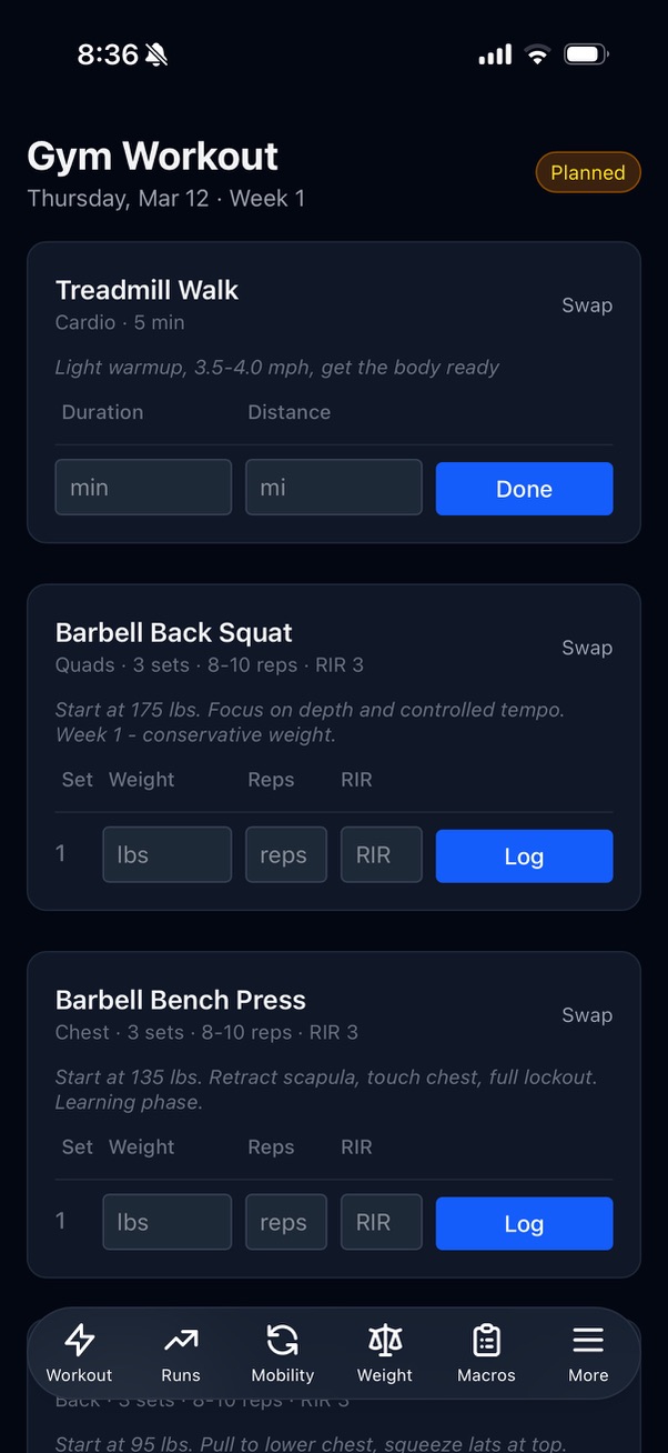 FlexFit AI-generated workout with exercises and sets