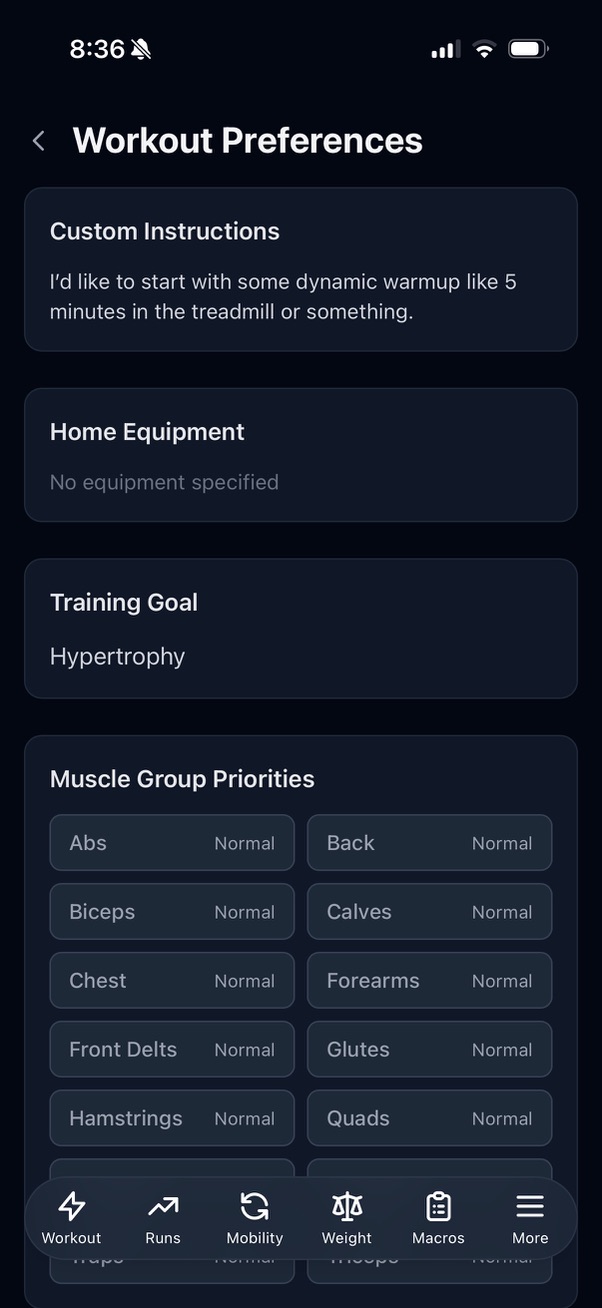FlexFit workout preferences — customize your training style