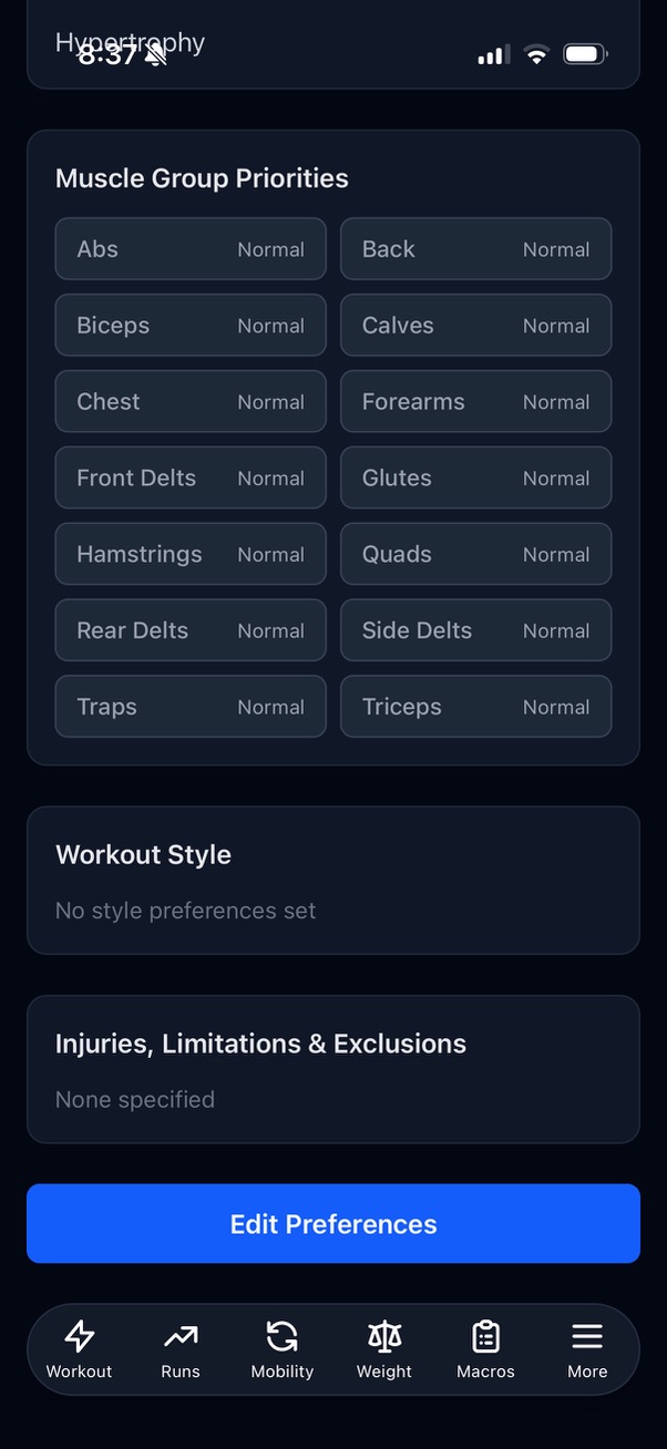 FlexFit advanced preferences — fine-tune your workouts