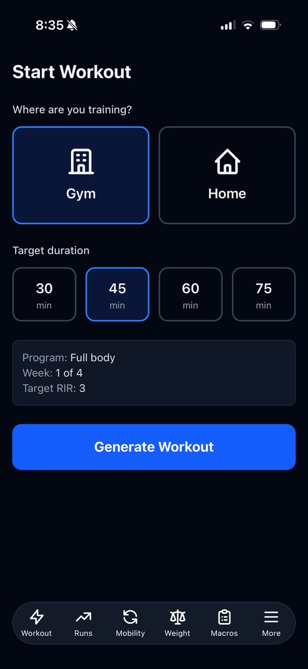 FlexFit workout setup — choose gym or home, set duration